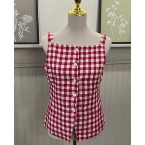 Wayf Womens Gracie Gingham Vest Blouse, Square Neck, Size Small Red White